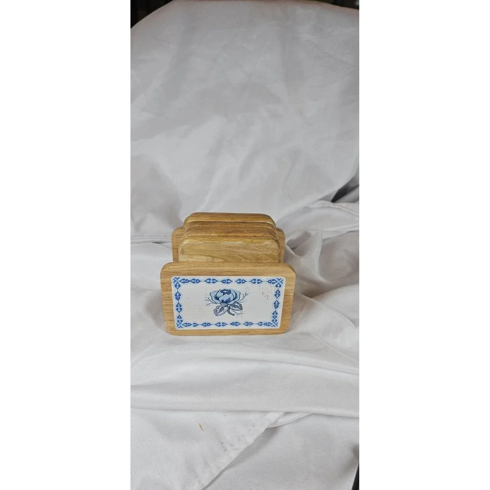 Vintage Ceramic Square wood Vintage Blue Flower Coasters - Set of 6‎ With Box